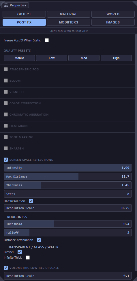 Post FX panel showing quality presets and per-effect toggles including screen space reflections, atmospheric fog, bloom, vignette, tone mapping, and volumetric upscale